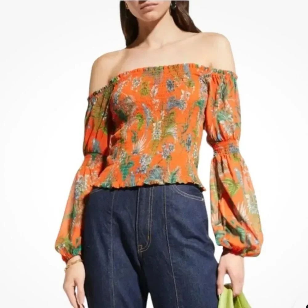 NWT L'Agence Cece Smocked Off-Shoulder Top Orange Parrot Puff Sleeve Medium